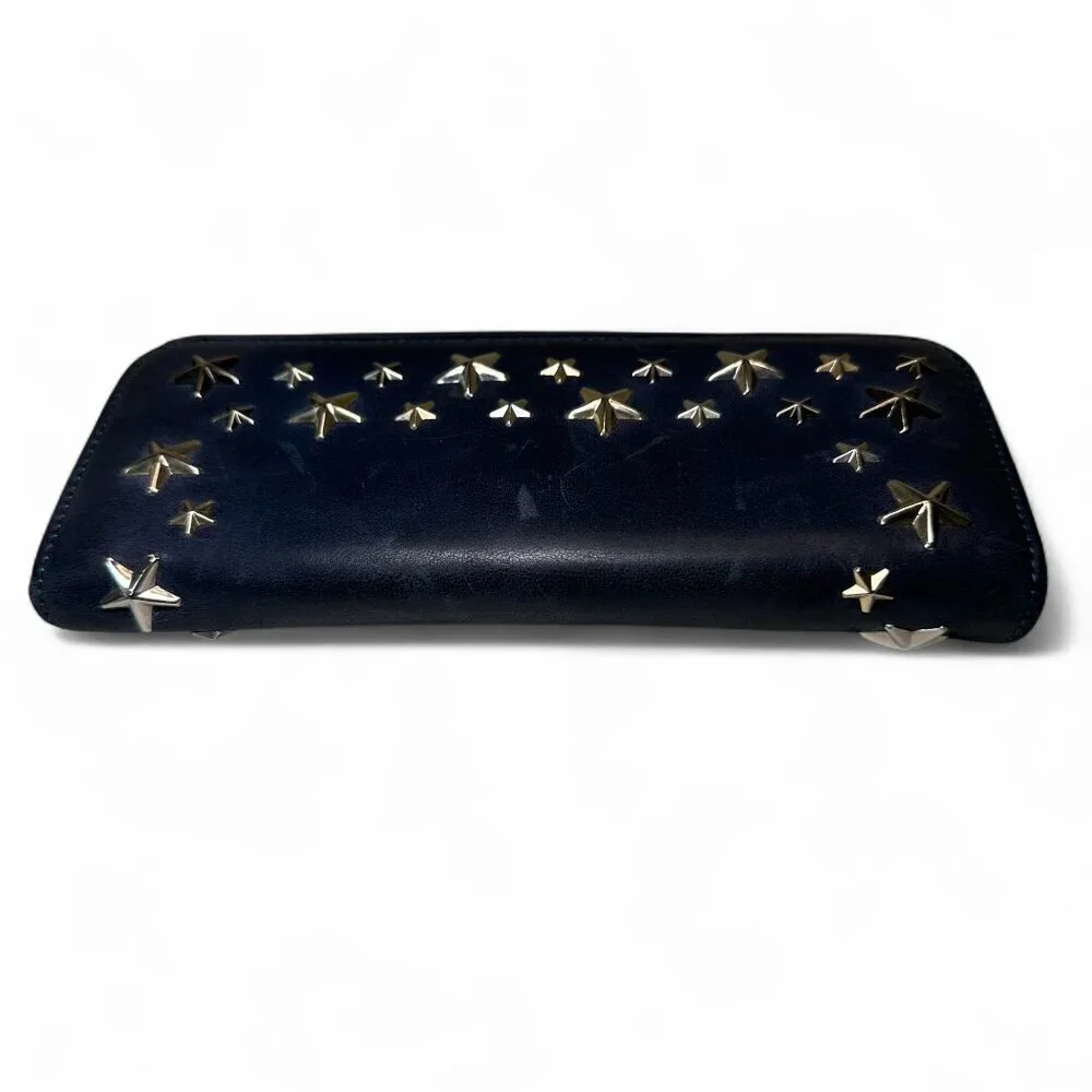 Jimmy Choo Navy Blue Long Leather Wallet with Silver Star Studs